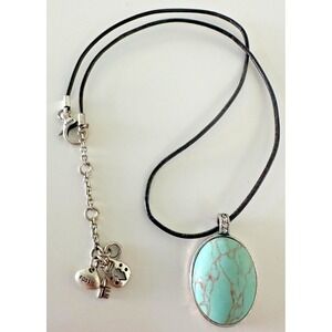 Fossil Necklace Marbled Aqua Blue Oval Pendant Black Leather Silver 16-18 in